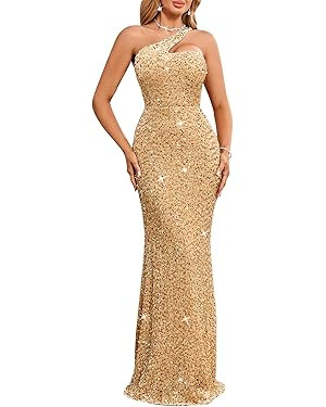 Women's One Shoulder Sequin Evening Gown – Formal Maxi Dress for Wedding Guest, Prom, Cocktail | Amazon (US)