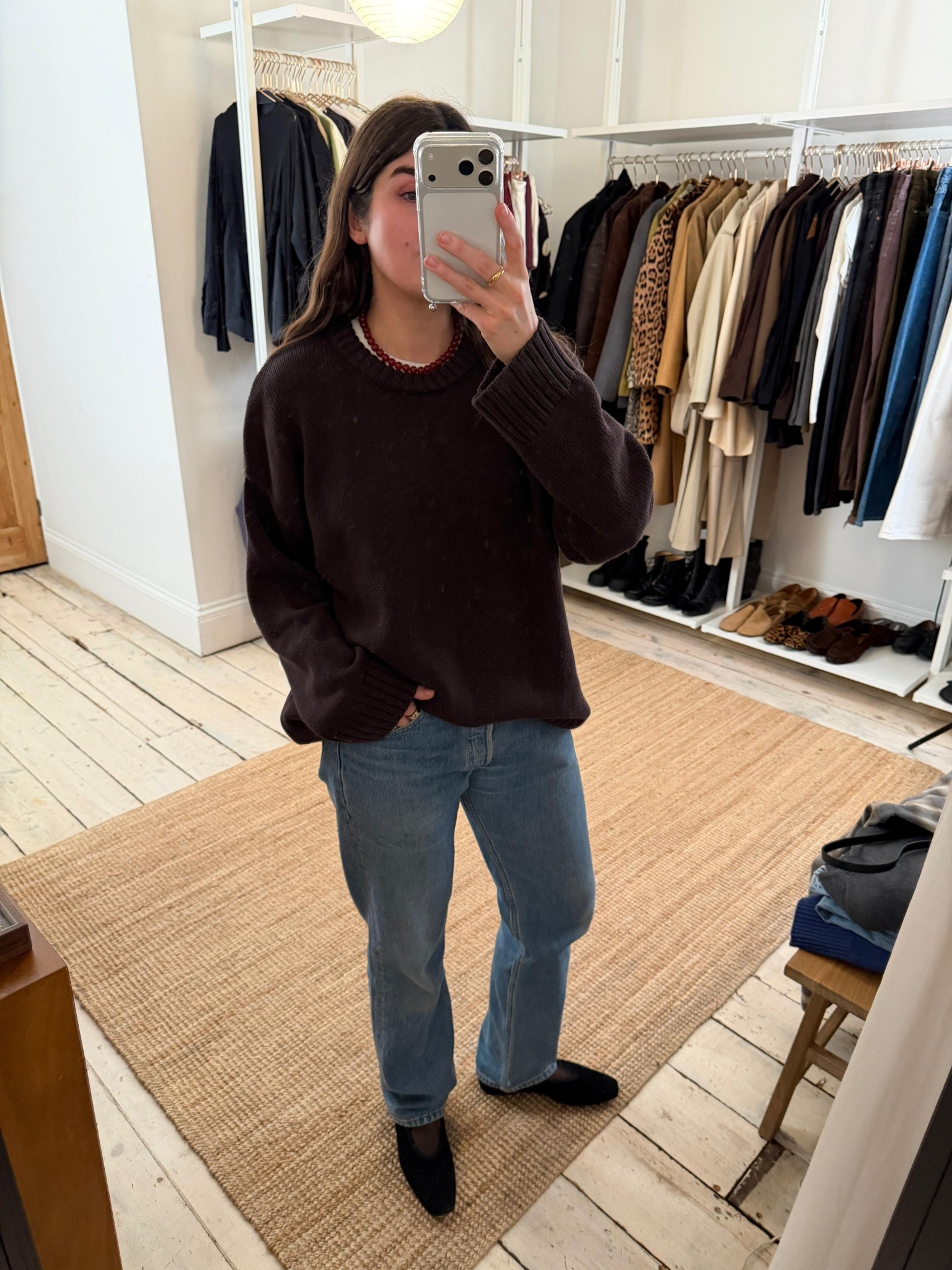 A chocolate brown knit I cannot stop wearing! Layered with a white t-shirt and red beaded necklace 

 #LTKwinter #LTKstyletip