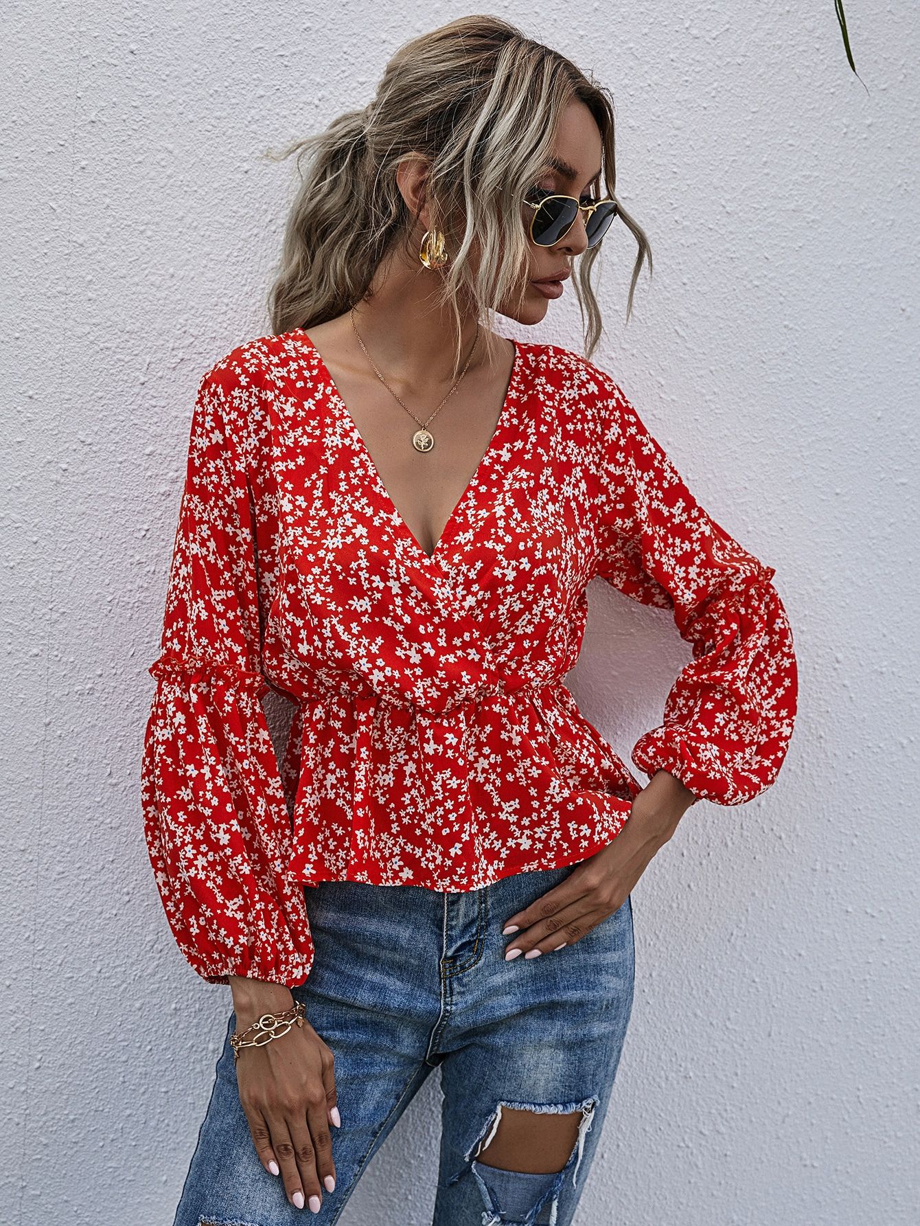 Ditsy Floral Surplice Front Peplum Blouse | SHEIN