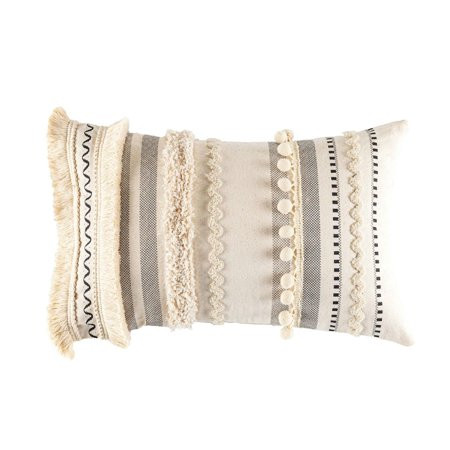 ZUARFY Moroccan Tufted Embroidery Lumbar Pillow Case Bohemian Tassel Pom Poms Geometric Striped Deco | Walmart (US)
