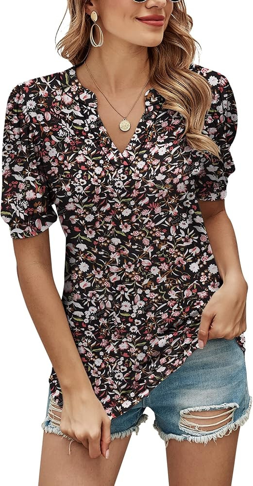 Romanstii Women Casual V-Neck T-Shirts Loose Puff Short Sleeve Tops Tunic Blouses | Amazon (US)