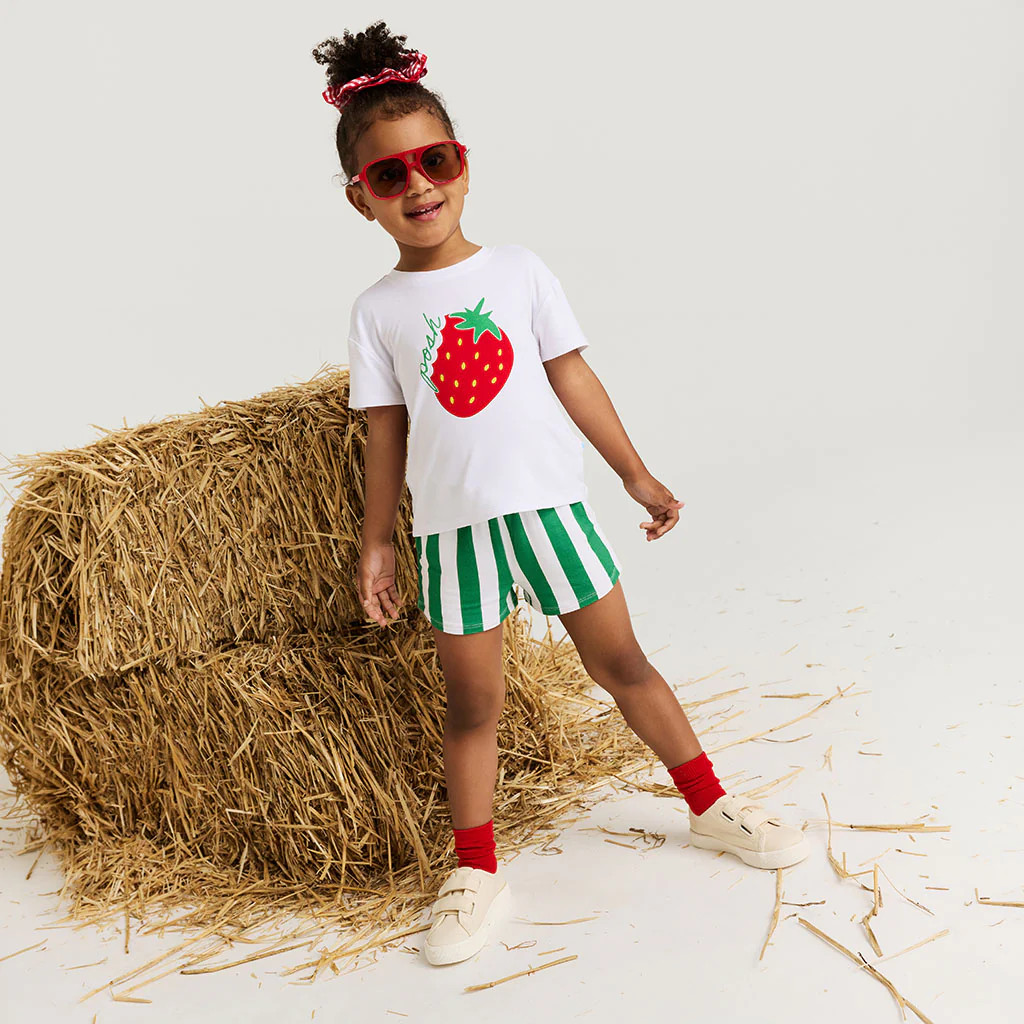 Stripes Green Short Sleeve Strawberry Stripe Graphic Shirt Short Set | Posh Peanut® | Posh Peanut