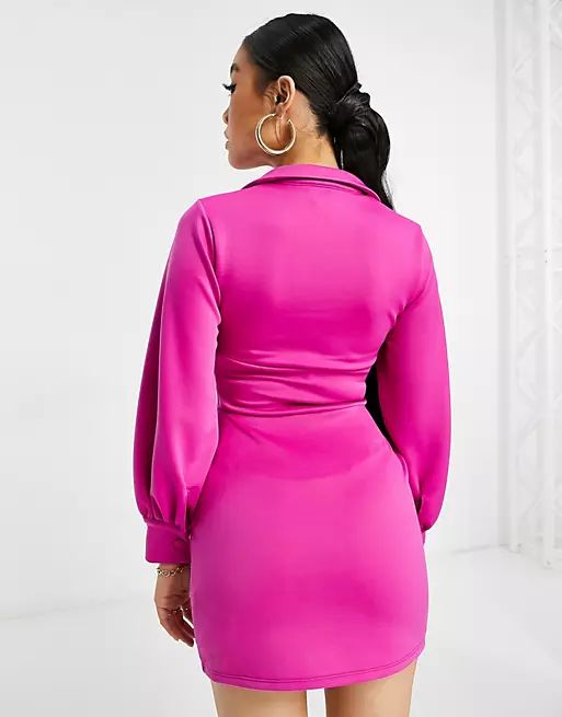 ASOS DESIGN Petite exaggerated puff sleeve tux mini dress in hot pink | ASOS (Global)