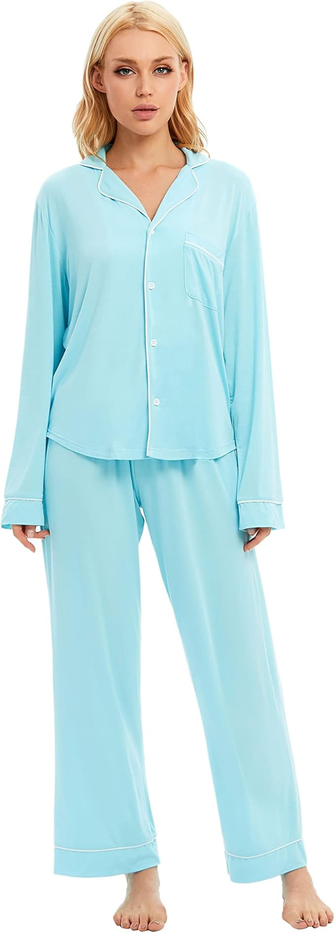 LUBOT Women's Pajamas Set Button-Down Shirt PJ Pants Two-piece Set Night Suit Sleepwear Loungewea... | Amazon (US)