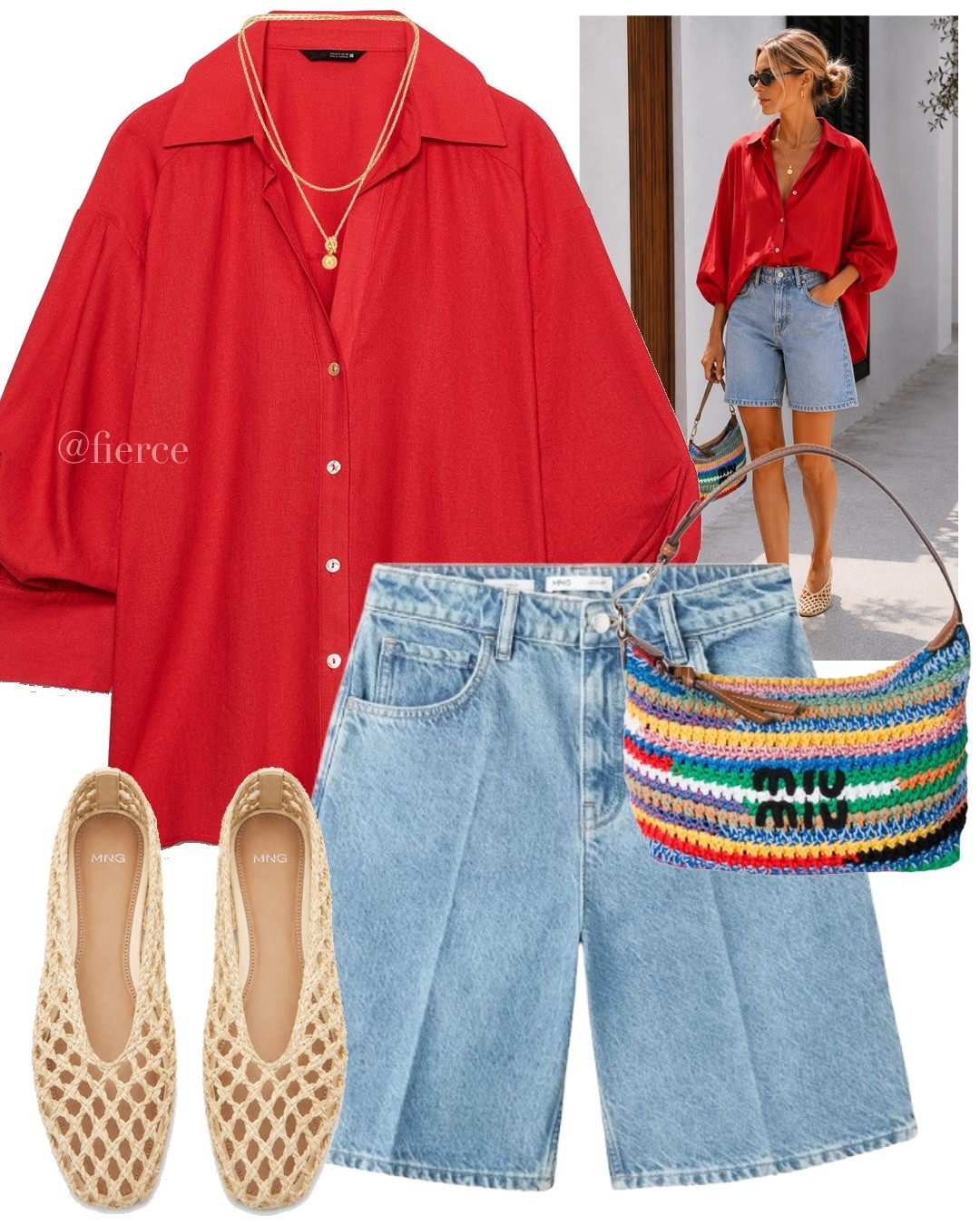 Red shirt blue denim Bermuda shorts Miu Miu mini knitted bag raffia  ballet flats casual chic outfit

#LTKsummer #LTKuk #LTKeurope