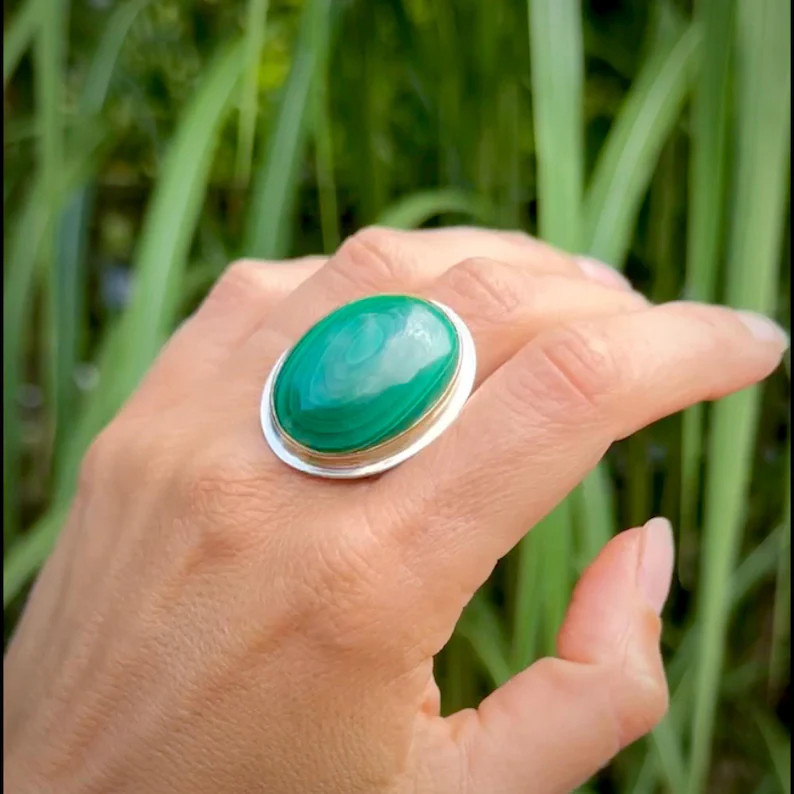 Large Green MALACHITE Statement Ring // Gold and Sterling Silver Crystal Ring // Fashion Rings //... | Etsy (US)