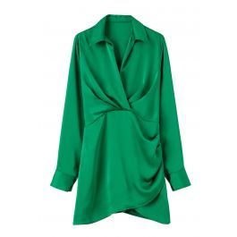 V-Neck Ruched Front Satin Shirt Dress in Green | Chicwish