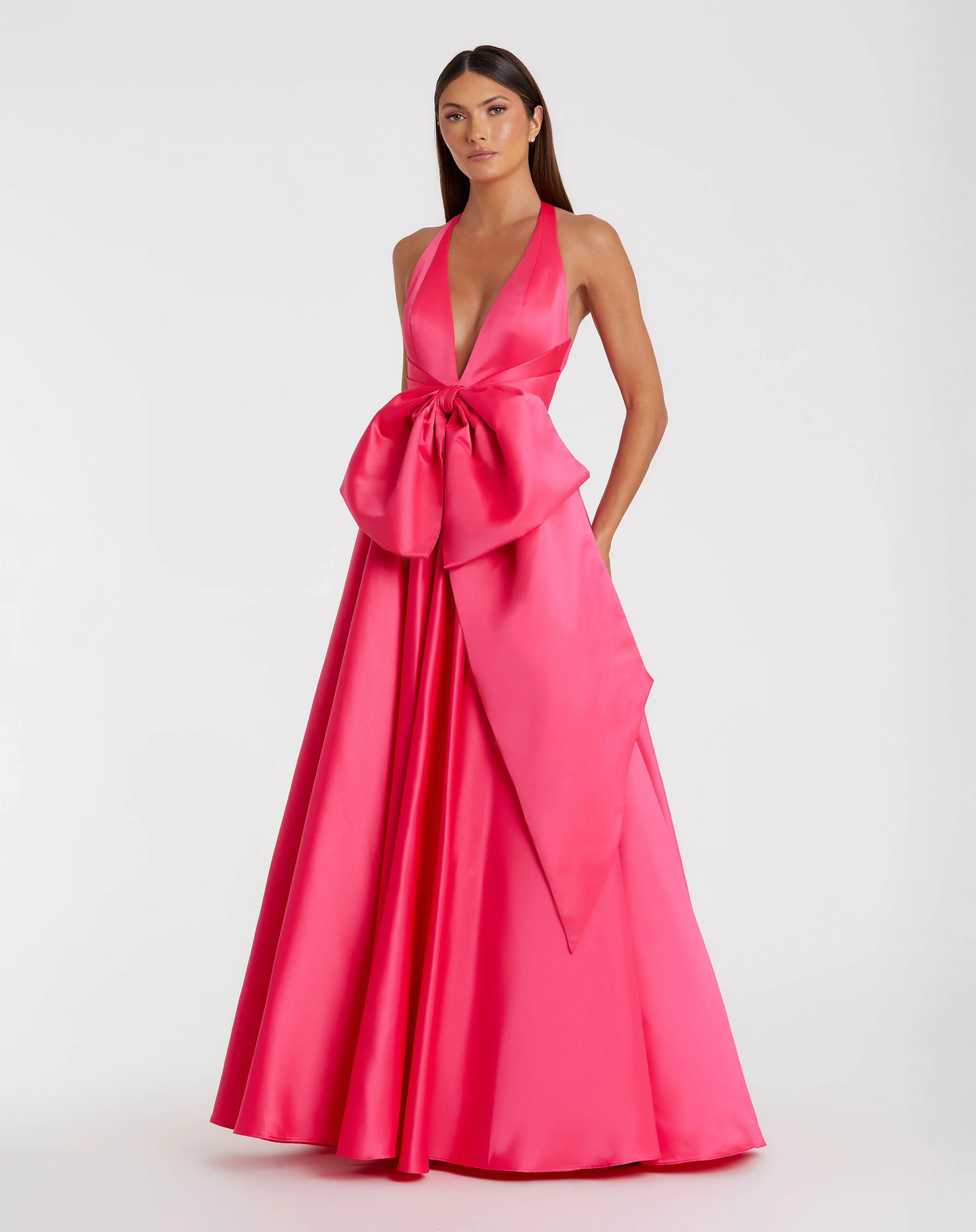 Pink Sleeveless Deep V Satin Gown With Oversized Bow | Mac Duggal