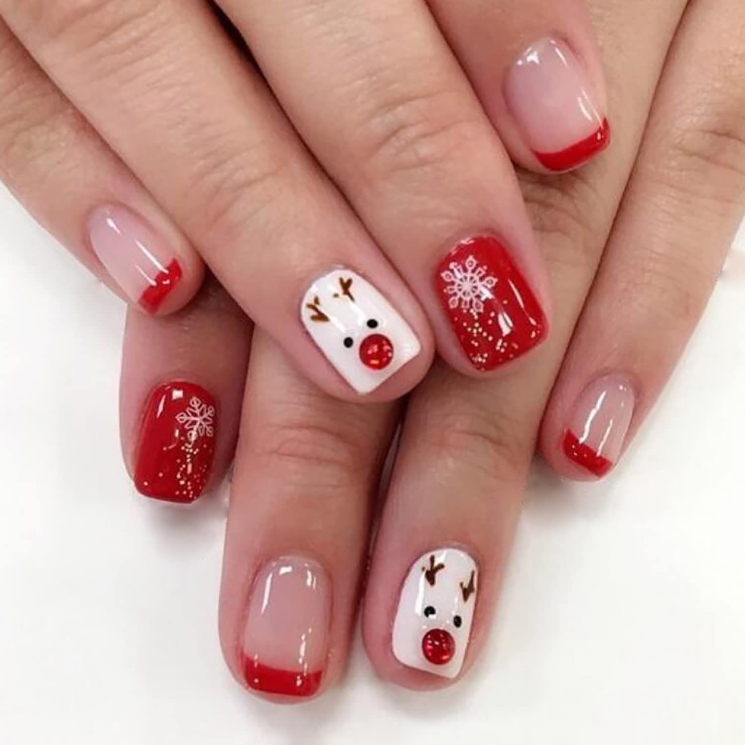 Square Christmas Press on Nails Short Fake Nails with Snowflake Cute Elk Designs Stick on Nails R... | Amazon (US)