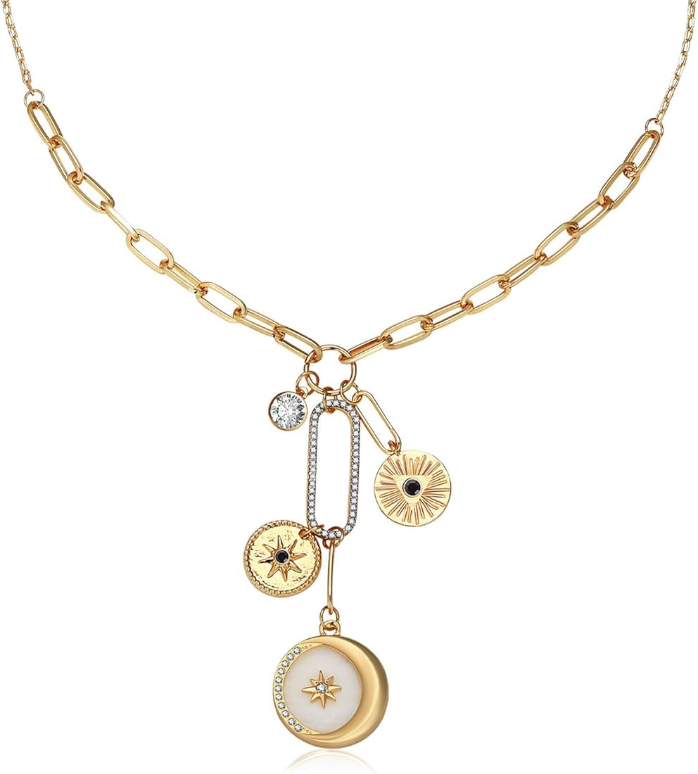 Charm Necklace for Women Gold Evil Eye Sun Moon Flower Coin Pendant Necklace Dainty Paperclip Cha... | Amazon (US)