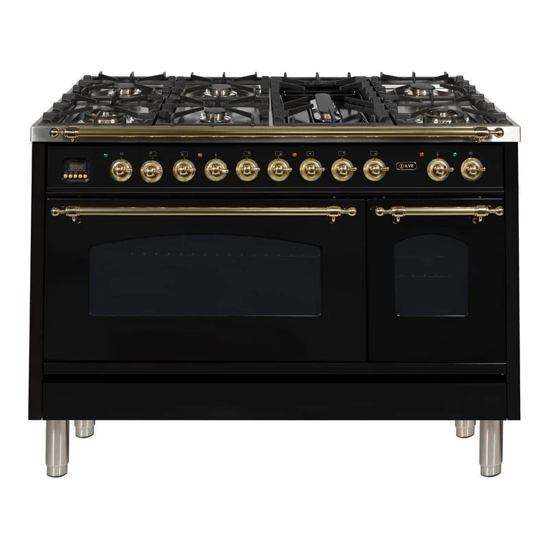 ILVE Nostalgie 48" NG Metal Double Oven Dual Fuel Range in Glossy Black/Brass | Cymax