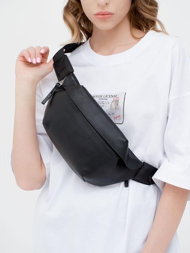 Soft Genuine Leather Sling Bag, Fashion Crossbody Fanny Pack with Extended Waist Belt Black | Amazon (US)