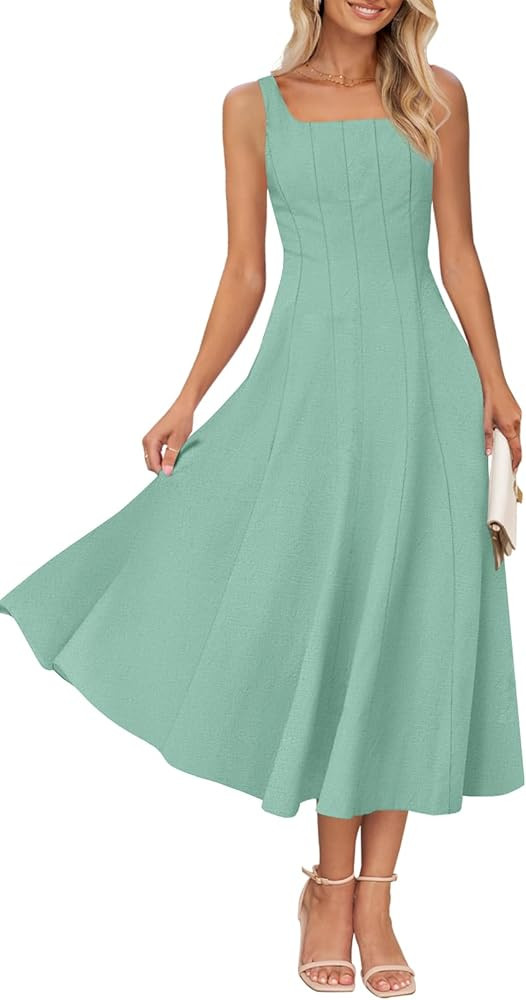 MEROKEETY Women's 2025 Summer Sleeveless Midi Dress Square Neck Smocked Flowy A Line Beach Dresse... | Amazon (US)