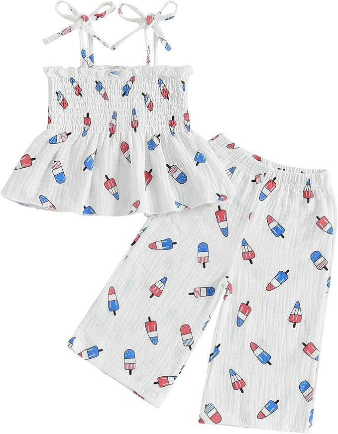 VISGOGO 4th of July Toddler Girl Outfits Smocked Strap Camisole Sleeveless Tops Pants Set Stars/P... | Amazon (US)