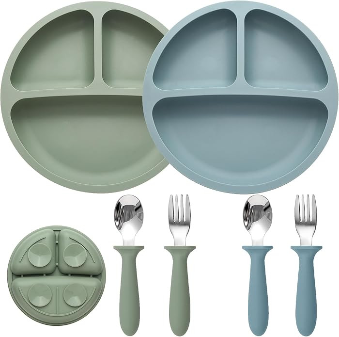 Baby Feeding Set, 2 Pack Silicone Divided Suction Plates for Baby, 2 Pack Spoons and Forks Set, B... | Amazon (US)