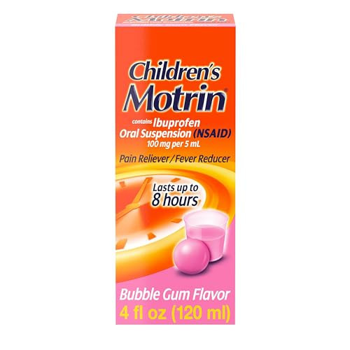 Children's Motrin Oral Suspension Medicine, 100 mg Ibuprofen, Kids Fever Reducer & Pain Reliever for Minor Aches & Pains Due to Cold & Flu, Alcohol-Free, Bubble Gum Flavored, 4 fl. oz | Amazon (US)