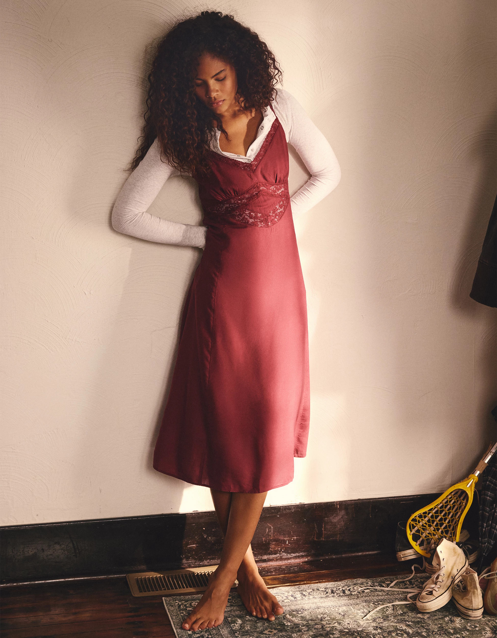 AE V-Neck Slip Midi Dress | American Eagle Outfitters (US & CA)