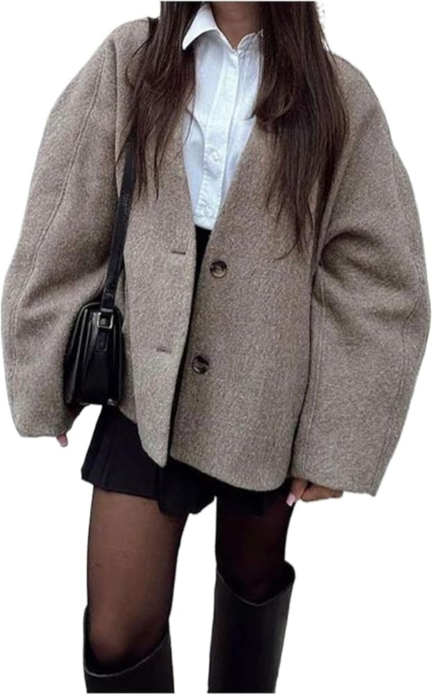 Womens Pea Coat Oversized Button Down Wool Blend Jacket Y2k V-Neck Long Sleeve Fall Winter Jacket... | Amazon (US)
