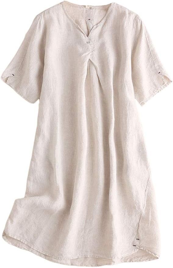 Mordenmiss Women's Linen Tunic Dresses V-Neck Baggy Midi Dress Hi-Low Tops | Amazon (US)
