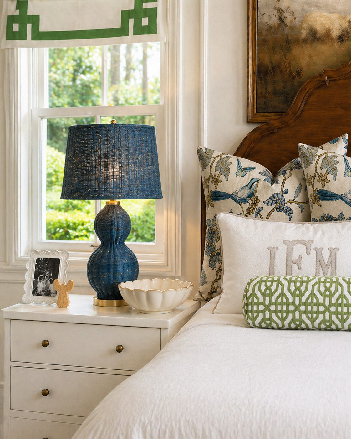 bedroom decor, dorm decor, bedside styling, nightstand decor, lamp styling, blue lamp, table lamp decor, preppy decor, coastal grandma, clean girl aesthetic, southern style, chic bedroom, cozy bedroom, aesthetic bedroom, home decor, home styling, bedroom inspo, dorm inspo, college apartment decor, sorority room, university of alabama, bama dorm, white bedding, layered bedding, throw pillows, monogram pillow, green bolster pillow, chinoiserie decor, floral pillows, vintage artwork, framed art bedroom, wall decor ideas, blue and green bedroom, light and airy room, target home, amazon finds, ballard designs, wayfair home, affordable decor, LTK home 

 #LTKU #LTKHome #LTKSaleAlert
