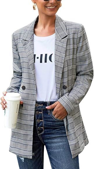 LookbookStore Women's Casual Check Plaid Loose Buttons Work Office Blazer Suit | Amazon (US)