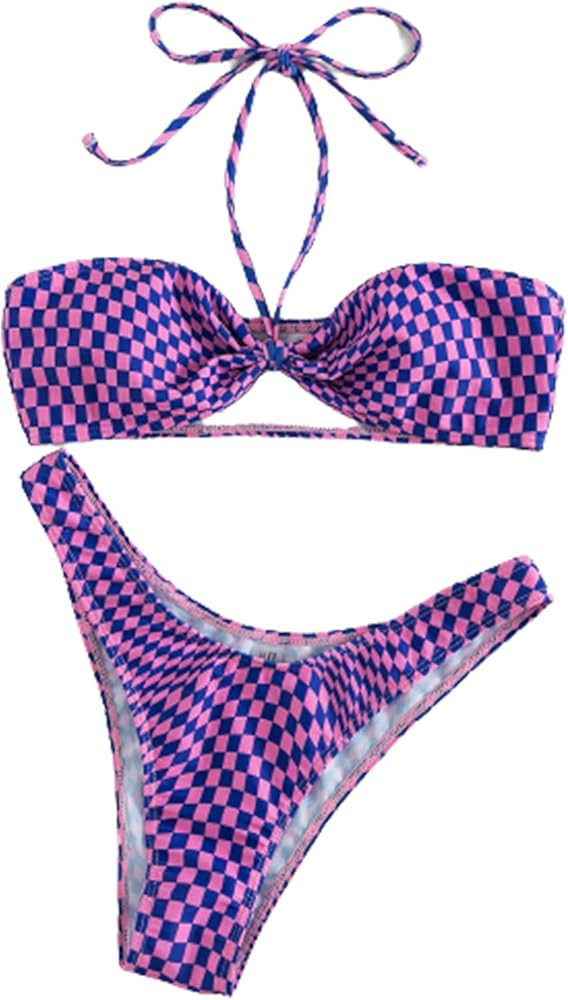 SOLY HUX Women's Checkered Halter High Cut Bikini Bathing Suits 2 Piece Swimsuits | Amazon (US)
