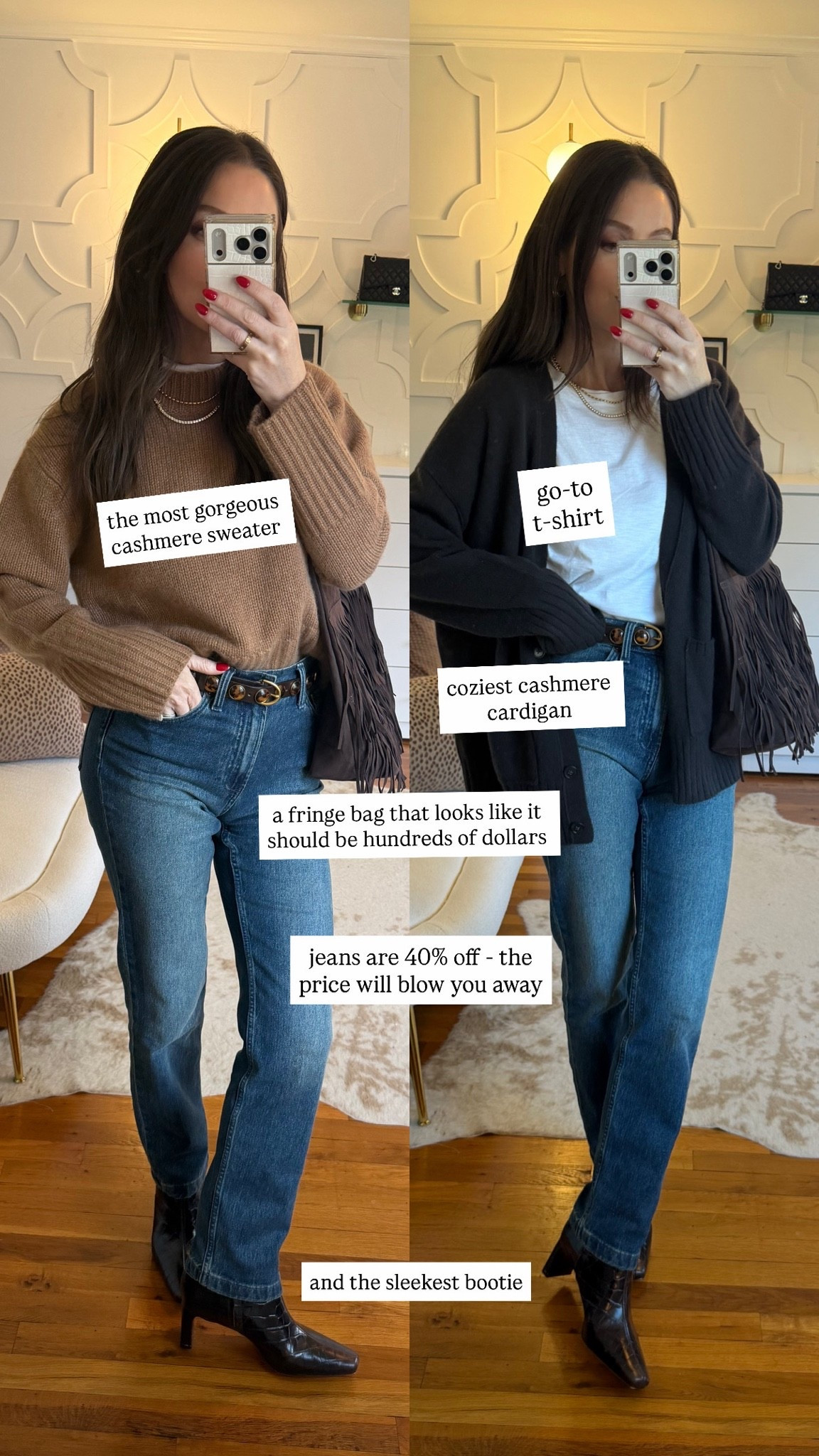 The sleekest booties (sized up half a size - use code Julie10!) paired with my favorite straight leg jeans that are 40% off right now!!! I did my true size and regular length in the jeans, true size in the t shirt and sweaters! A great elevated combo for fall.