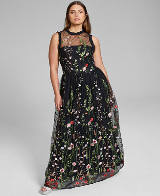Trendy Plus Size Ruffle-Trim Embroidered Gown, Created for Macy's | Macys (US)