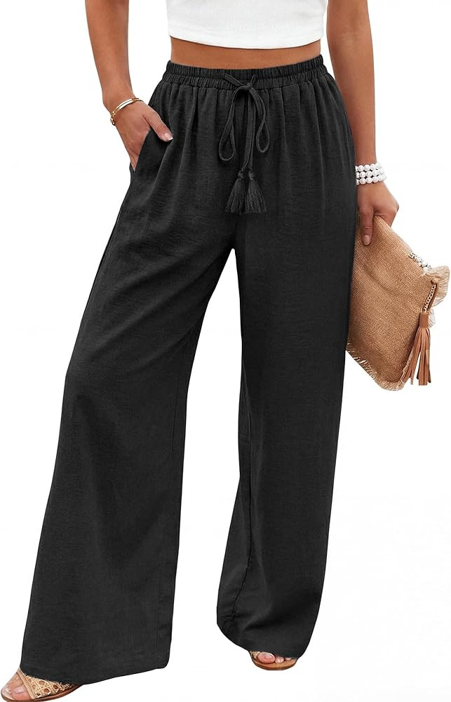 LOOKBOHO Women's Wide Leg Pants High Waisted Drawstring Loose Palazzo Pant Trendy Casual Flowy Be... | Amazon (US)
