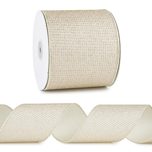 DINDOSAL Ivory/Gold Ribbon Wired 4" x 10 Yards Ivory with Champagne Glitter Mesh Wired Ribbon for Christmas Tree Decoration, Wreaths and Garlands, Gift Wrapping, Home Decor,Crafts | Amazon (US)