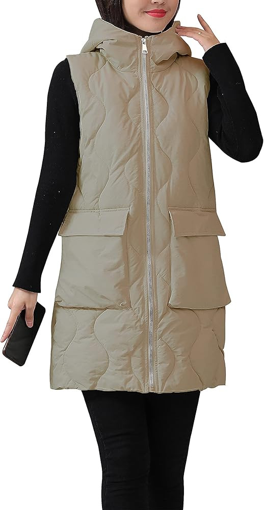 HangNiFang Winter Long Puffer Vest for Women Zip Up Hoodie Quilted Vest Jacket | Amazon (US)