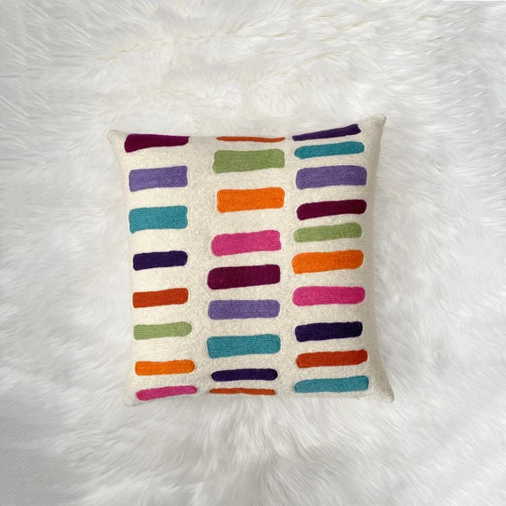 Row Hand Embroidered Throw Pillow in Multi Color - Etsy | Etsy (US)