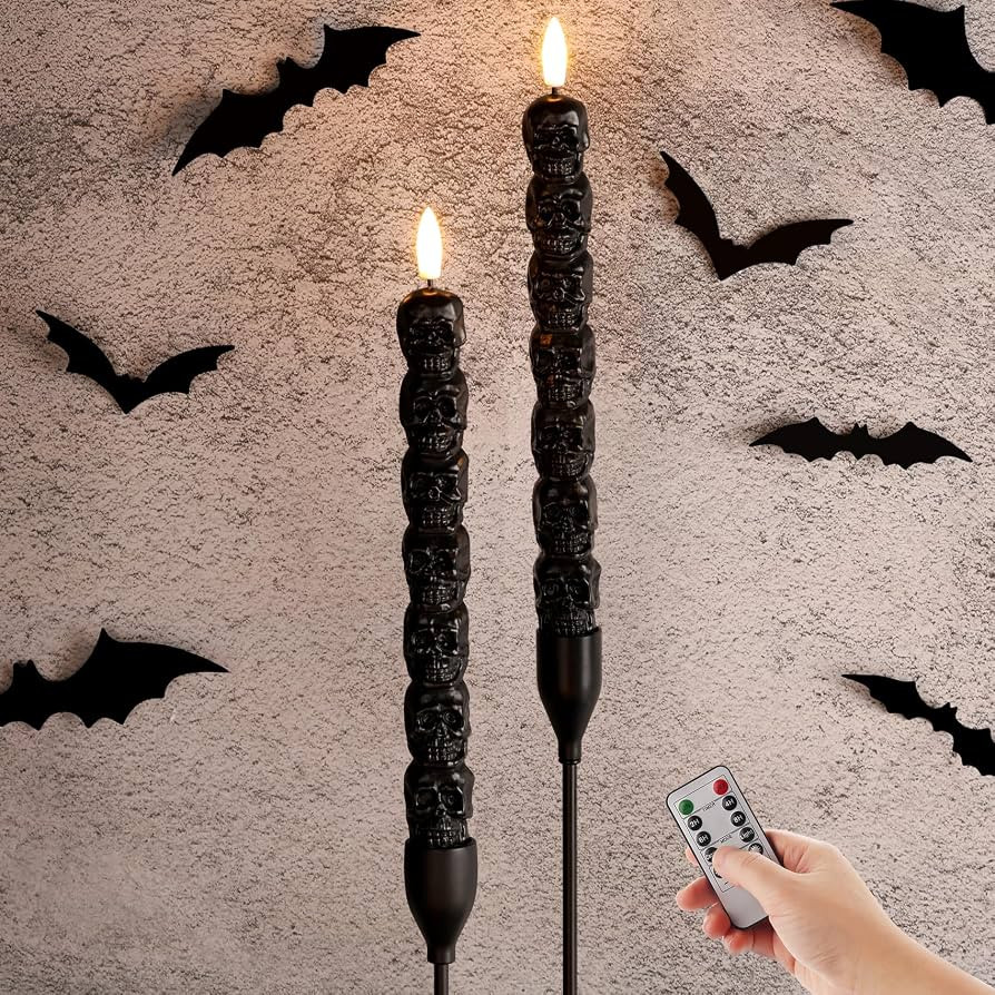 Black Skull Halloween Flameless Taper Candles with Remote Set of 2 | Amazon (US)
