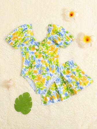 Baby Random Floral Print One Piece Swimsuit With Beach Skirt | SHEIN