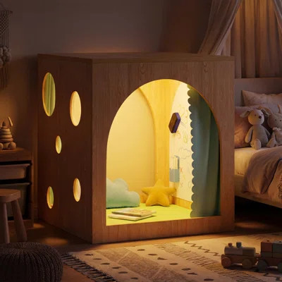 30" Reading Cube Hideaway with Magnetic Board & LED Light, Reading Nook Cube with PU Cushion, Arched Entrances with Curtains | Wayfair North America