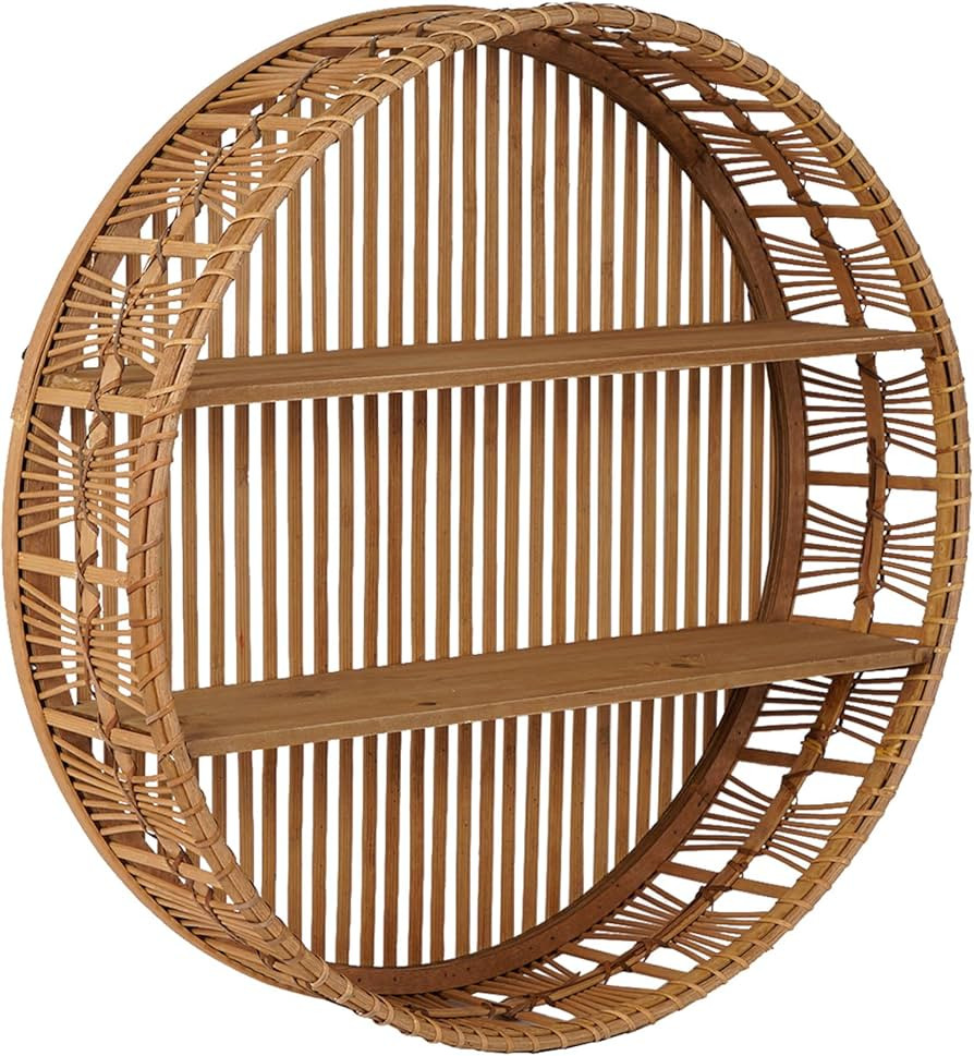 Rattan Round Wall Shelf 2 Tier Boho Floating Shelf Decorative Wicker Wall Shelf Bohemian Handwoven Circle Wall Shelf for Entryway Bedroom Living Room 24" Hanging Storage Shelf Display Rack Wall Decor | Amazon (US)