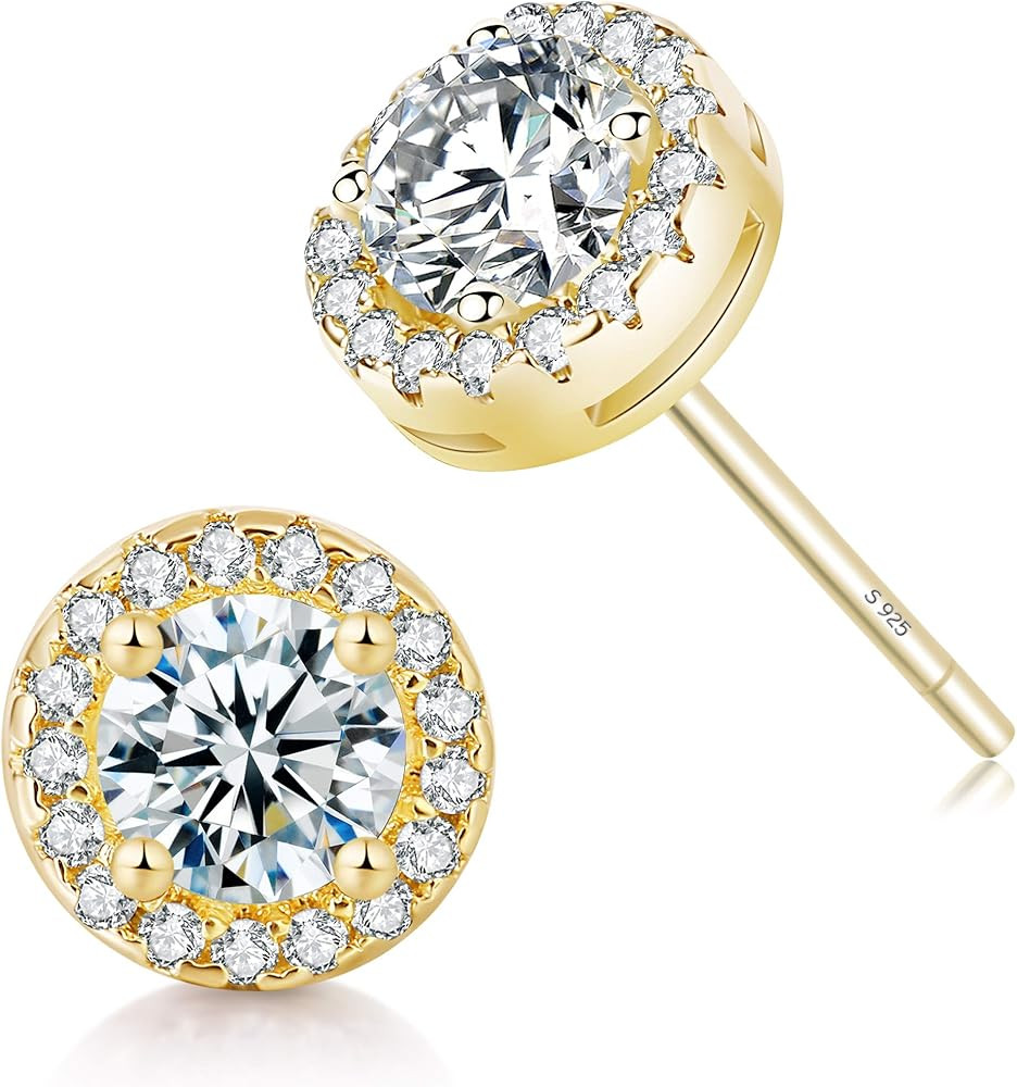18K Gold Plated Halo Stud Earrings CZ Simulated Diamond Round Earing for Women, Rose Earrings for... | Amazon (US)