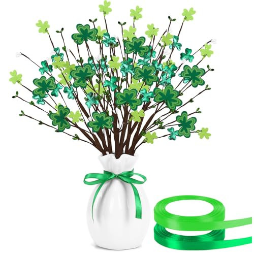 JUNEBRUSHS 6Pcs St Patricks Day Decorations, Shamrock Picks with Green Ribbon, 42cm Artificial Clover Stems for Home Office Party Table Centerpiece Irish Decor | Amazon (US)