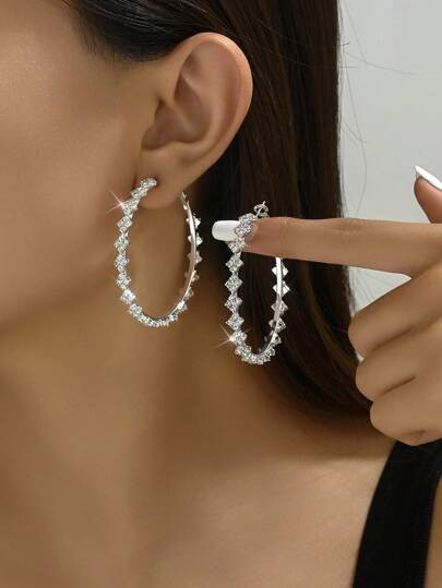 1 Pair Classic Fashion Rhinestone Hoop Earrings For Women Casual Holiday Party Nightclub - Size one-size | SHEIN