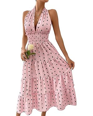 WDIRARA Women's Halter Tie Backless Heart Print Smocked Deep V Ruffle Tiered Long Dress | Amazon (US)