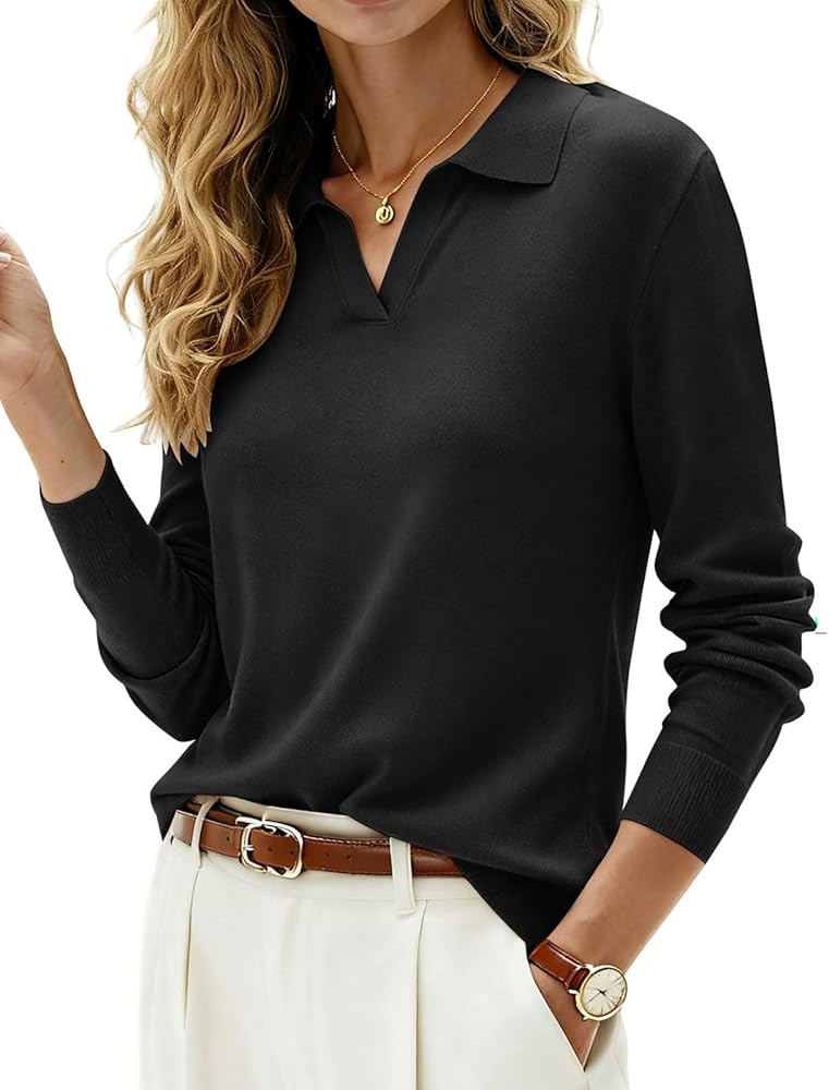 Kate Kasin 2025 Women's Wool Blend Sweaters, Long Sleeve Polo Shirts, V Neck Knitted Fall Tops | Amazon (US)