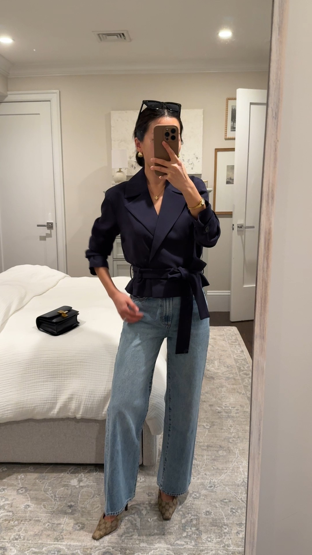 Same jacket styled for dinner or drinks worn as a blouse

• Farrah jeans 24 Short. Wash is 7yrs bleu taboo. The black wash runs smaller at the waist.

• aritzia short navy trench jacket 2XS, has lots of matching pants in the same color 

• Gucci kitten heels 

petite jeans, spring jackets  

 

#LTKootd #LTKPetite