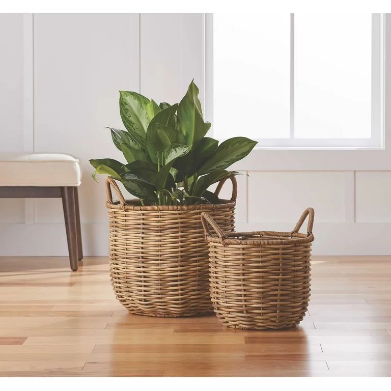 Better Homes & Gardens 12" & 15" Round Beige Resin Rattan Basket Planter, Set of 2 | Walmart (US)