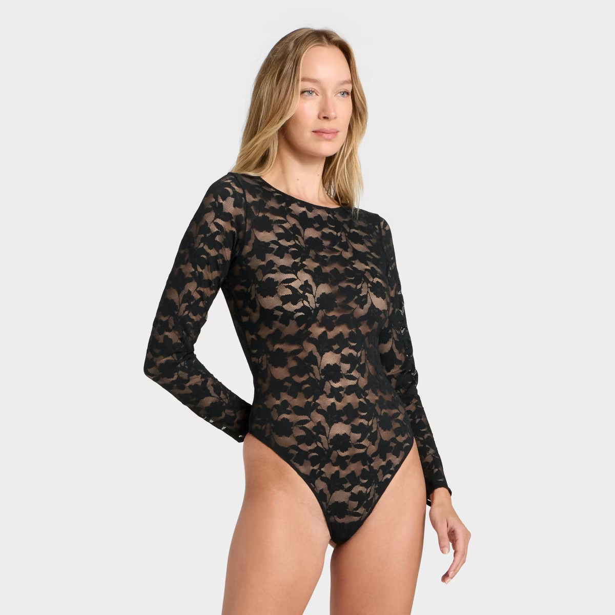 Women's Shadow Floral Lace Longsleeve Lingerie Bodysuit - Auden™ Black XS | Target