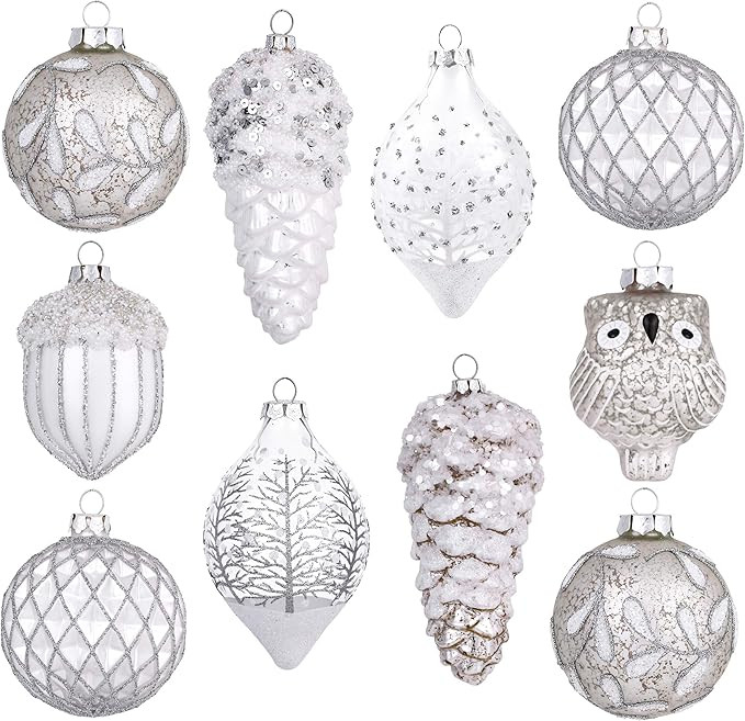 Valery Madelyn Large Glass Christmas Ornaments Set, 10ct White Silver Mercury Blown Glass Christm... | Amazon (US)