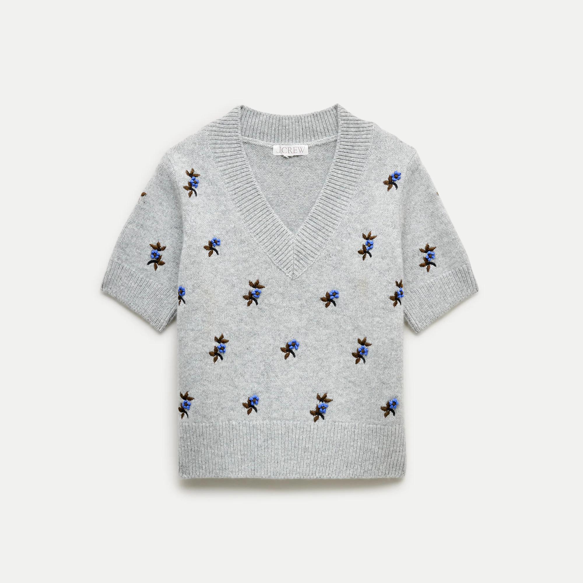 Short-sleeve V-neck sweater in vintage wool with floral embroidery | J. Crew US
