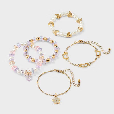 Girls' 5pk Flowers and Butterflies Bracelet Set - Cat & Jack™️ Gold/Purple: Beaded, Chain, Stretch Styles | Target
