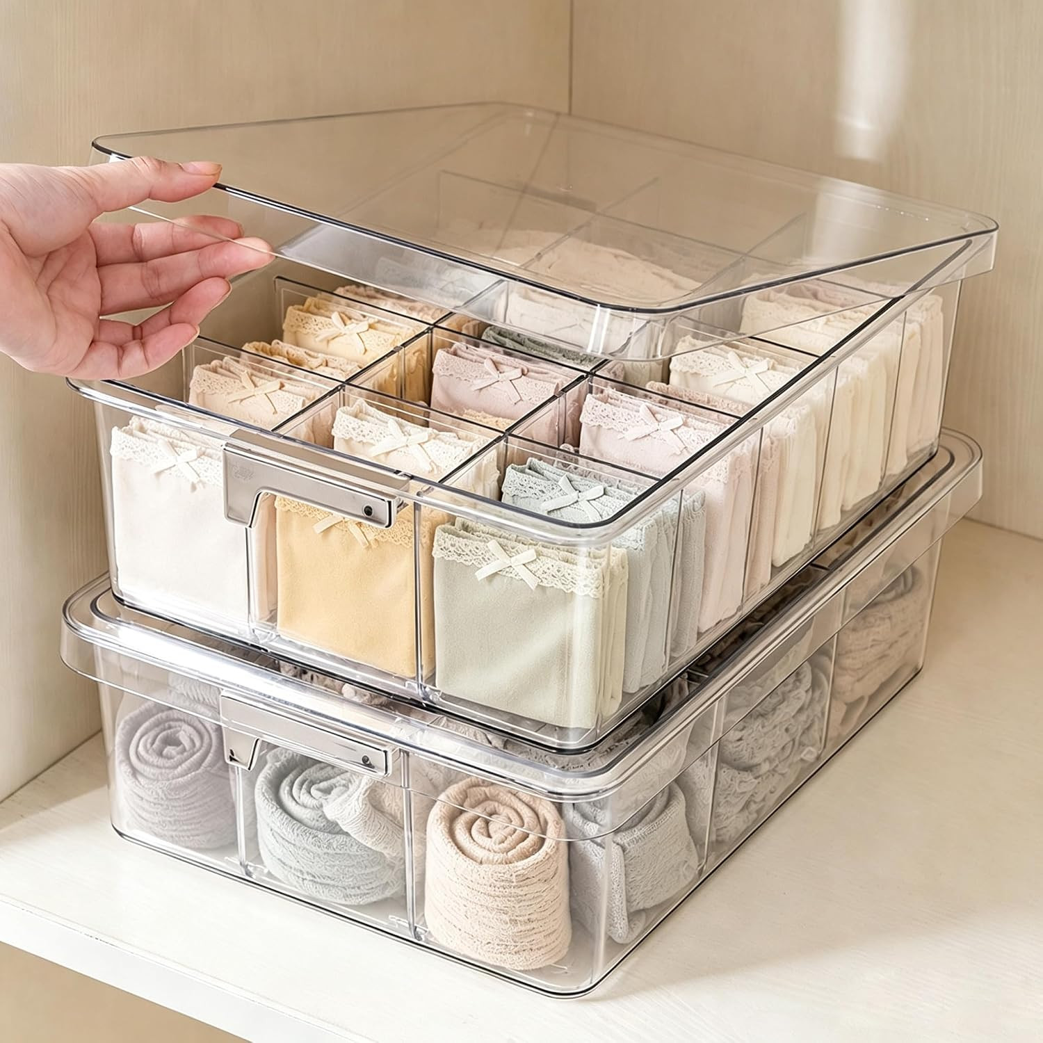 Socks Bra Underwear Drawer Organizer for Closet, 2 PCS Plastic Storage Box with 15 Removable Compartments and Lid, Clear Dresser Drawer Organizer Storage Container with Dividers for Sock Ties Belts | Amazon (US)