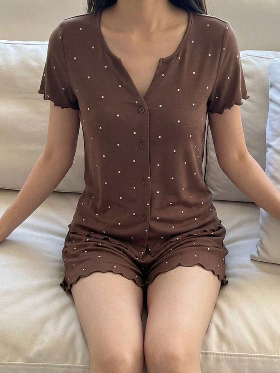Livesso 2pcs Polka Dot Pattern Cardigan Short Sleeve Top And Shorts Pajama Set For Women, Summer | SHEIN