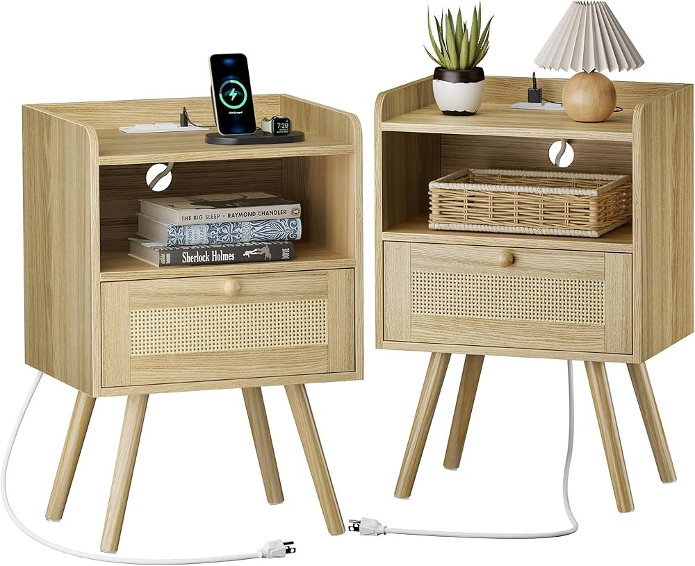 SUPERJARE Nightstands Set of 2, Night stands with Charging Station & PE Rattan Decor Drawer, Bed ... | Amazon (US)